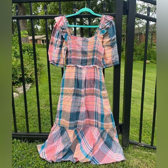 Vineyard Vines Smocked Puff Sleeve Plaid Midi Dress NWT - Picture 5 of 9